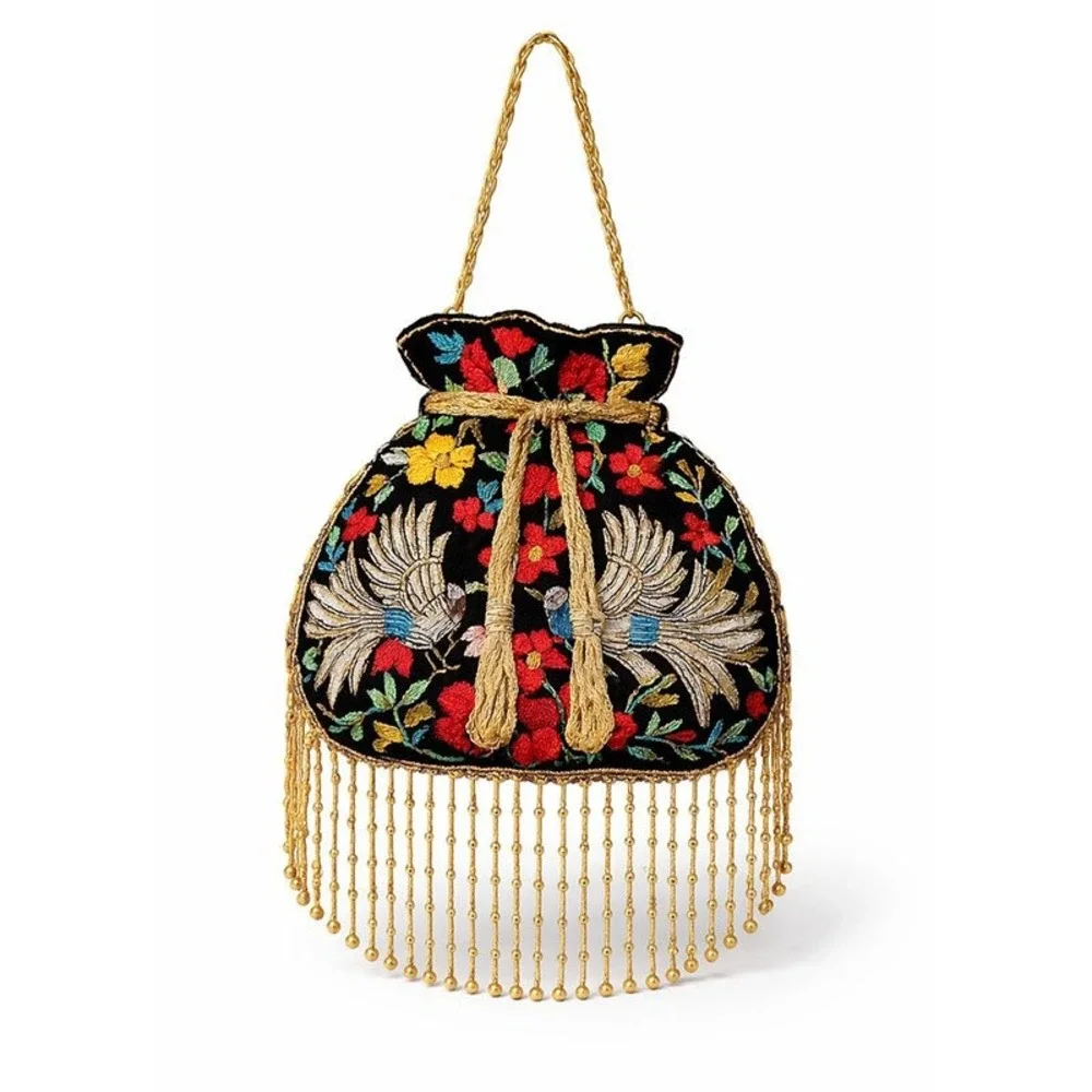 Ramla‎ Mumbai Pouch Bag Black Velvet Embroidered Peacock Beaded Fringe Evening